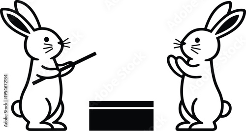 Cartoon rabbit magician illustration, playful animal magic act, wand and box trick, whimsical bunny performance, fantasy entertainment vector design