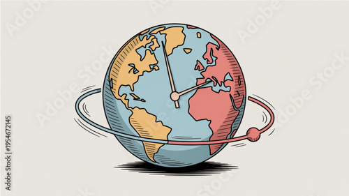 Globe with clock hands and satellite orbiting symbolizing global time and technology