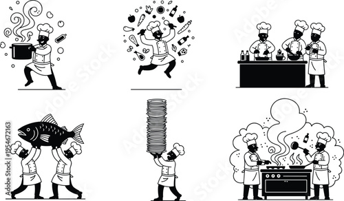 Cartoon chef illustration set, cooking teamwork, juggling utensils, carrying fish, balancing plates, preparing food, humorous kitchen activity vector design