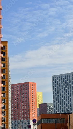 Photography Luxury residence at Salaryevo Park Moscow, modern colorful apartment buildings with premium facade design, contemporary urban lifestyle in a prestigious residential district