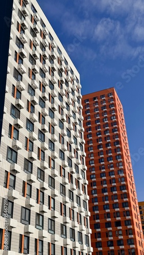 Photography Luxury residence at Salaryevo Park Moscow, modern colorful apartment buildings with premium facade design, contemporary urban lifestyle in a prestigious residential district