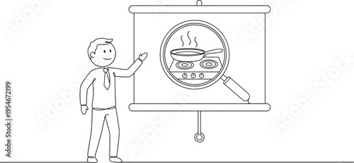 Cooking presentation illustration, person teaching food preparation, frying pan on stove with steam, culinary class demonstration, kitchen education vector design