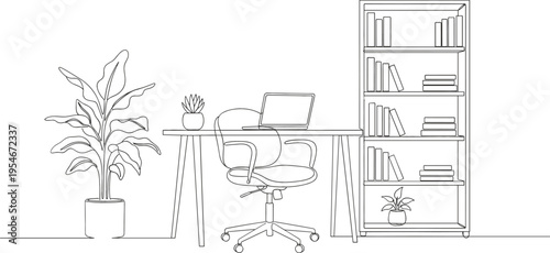 Minimalist home office interior line art with desk chair bookshelf plants and modern workspace outline illustration