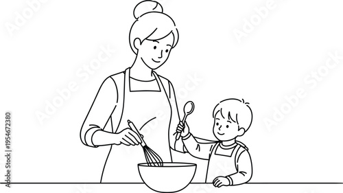 Parent and child cooking together illustration, family bonding in kitchen, baking concept artwork, culinary learning, food preparation line drawing