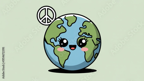 Smiling earth with peace sign cartoon character symbolizing global harmony and environmental awareness