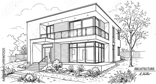 Modern two story residential villa architecture line drawing vector with spacious terrace glass facade and backyard landscaping