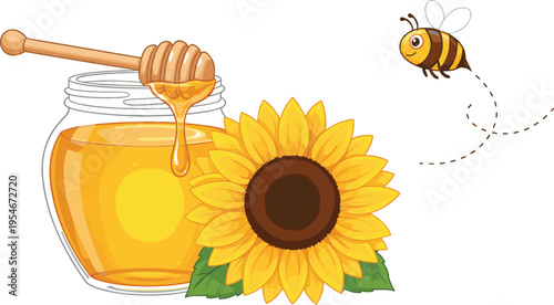 Sweet honey jar with dripping dipper sunflower and flying bee in bright natural organic illustration style