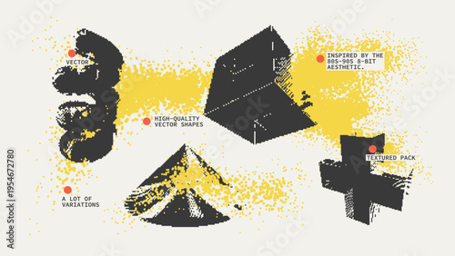 Geometric Shapes Set With Vector Bitmap Dithering Texture.