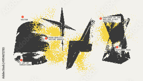 Geometric Shapes Set With Vector Bitmap Dithering Texture.