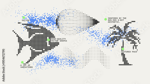 Geometric Shapes Set With Vector Bitmap Dithering Texture.