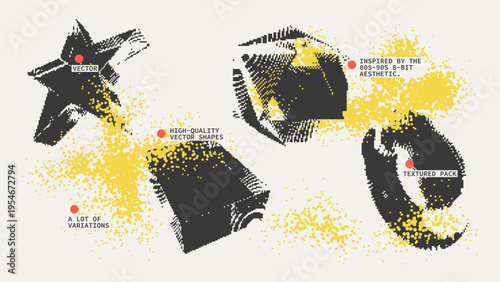 Geometric Shapes Set With Vector Bitmap Dithering Texture.