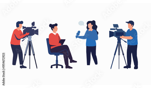 Video production and interview scenes vector collection with cameraman presenter and journalist recording isolated on white background