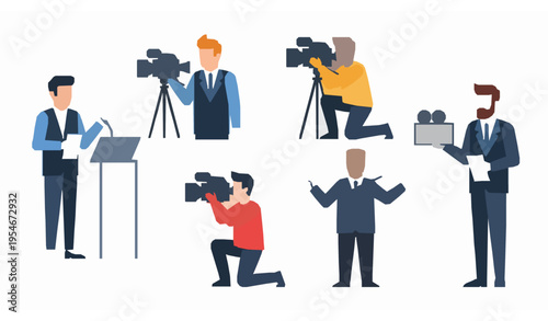Videography and journalism flat character set with reporter presenter cameraman and media production scenes isolated on white