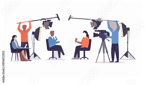 TV studio interview recording vector set with host guest cameraman and videography team isolated on white background