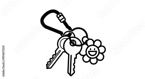 Vector illustration of a smiley flower keychain with keys