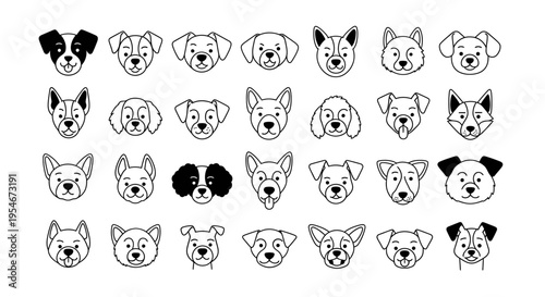 Dog Heads, Cartoon Canine Faces, Black and White Vector Icons, Pet Illustrations, 25 Dog Portraits