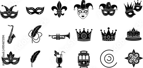 Mardi Gras icons, carnival mask, jester face, fleur-de-lis, saxophone, trumpet, crown, king cake, streetcar, cocktail, festive New Orleans celebration