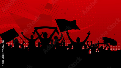 Football fans silhouettes cheering with flags on red halftone background