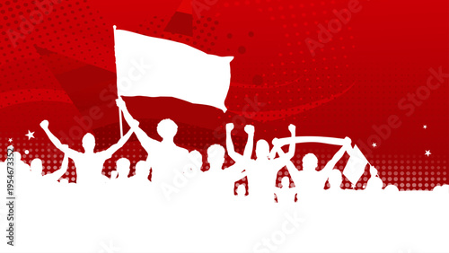 Football fans silhouettes cheering with flags on red background