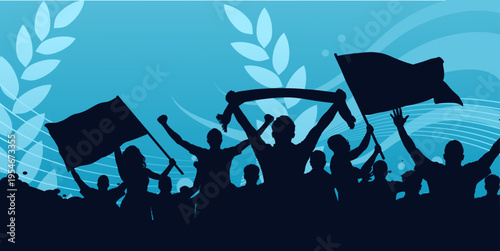 Football fans silhouettes cheering with flags on blue background