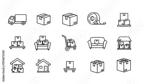 Delivery and Logistics Icon Set with Truck, Boxes, Warehouse, Packaging, Moving Cart, and Shipping Symbols for E Commerce, Storage, and Distribution Design