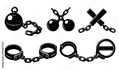 Prison Restraint and Handcuff Icon Set with Shackles, Chains, Ball and Chain, and Police Detention Symbols for Law Enforcement and Security Design