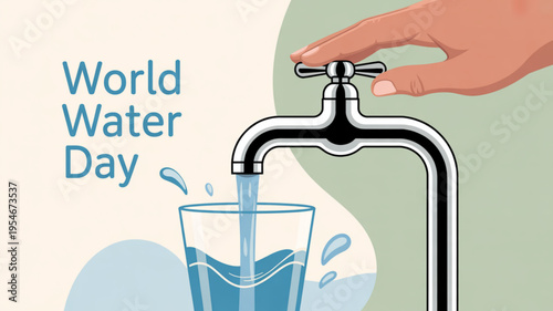 World water day illustration with hand turning faucet filling glass with clean drinking water