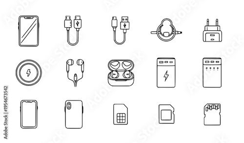mobile, smartphone, charger, cable, usb, earphones, Mobile Accessories and Charging Device Icon Set with Smartphone, USB Cable, Earphones, Charger, Power Bank and SIM Card Symbols for Technology Desig