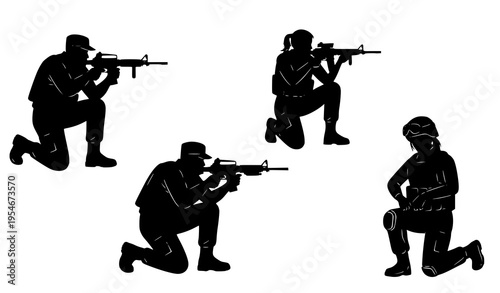 Soldier Silhouette Icon Set with Armed Military Personnel in Kneeling Shooting Positions for Defense, Tactical Operations, Combat Training, and Security Design Use