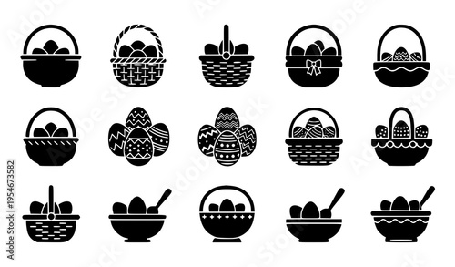 Easter Basket and Decorated Eggs Icon Set with Holiday Collection Symbols for Spring Celebration Design, Greeting Cards, Seasonal Decorations, and Festive Graphics