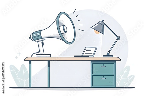 A digital marketing workspace with a large megaphone and a desk lamp on a modern office desk setup