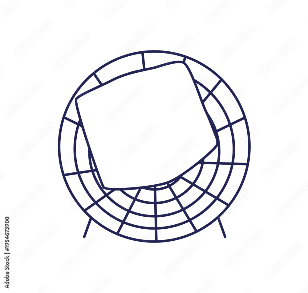 Obraz premium Rattan wicker chair with cushion, top down view, line contour drawing. Outline furniture, round armchair, from above. Comfortable seat for patio. Flat vector illustration isolated on white background