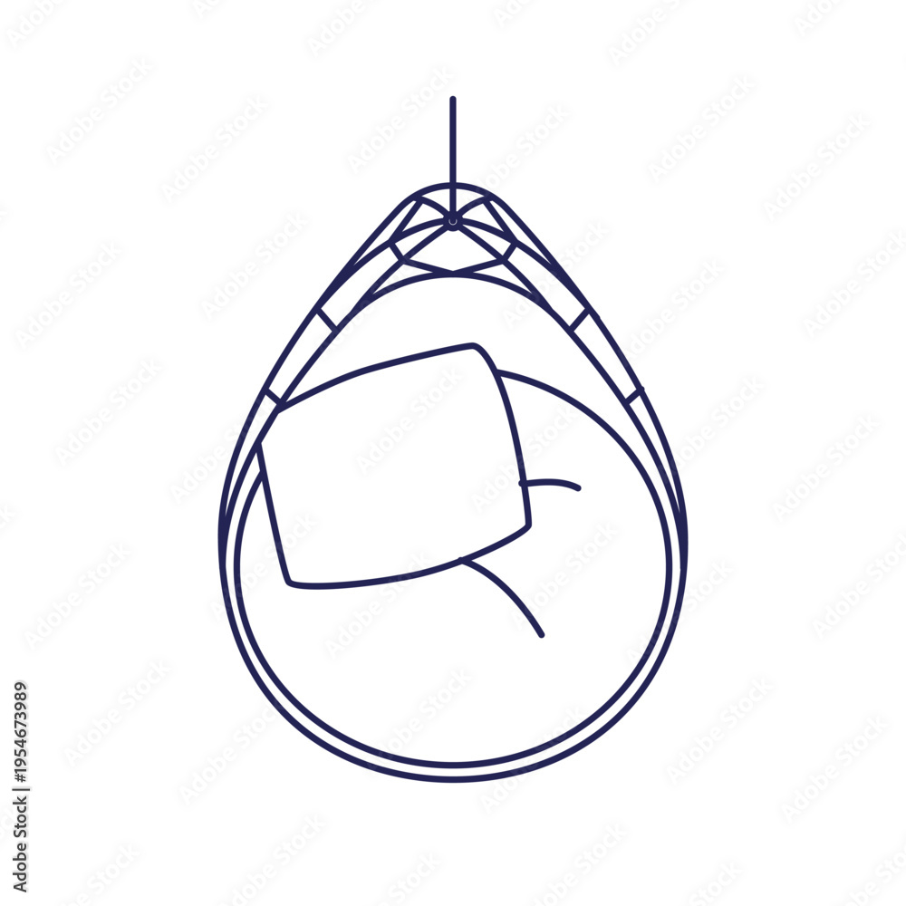 Fototapeta premium Hanging swing chair, contour outline drawing, top down view. Cozy suspended armchair, furniture from above. Line-art seat for interior design. Flat vector illustration isolated on white background
