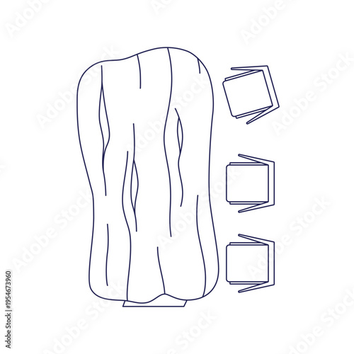 Dining table slab in rough wooden design, chairs, top down view. Outline contour line drawing, furniture for interior plan, from above. Flat vector illustration isolated on white background