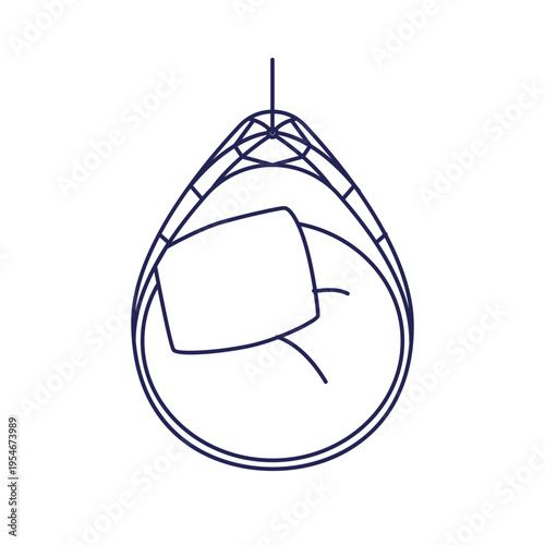 Hanging swing chair, contour outline drawing, top down view. Cozy suspended armchair, furniture from above. Line-art seat for interior design. Flat vector illustration isolated on white background