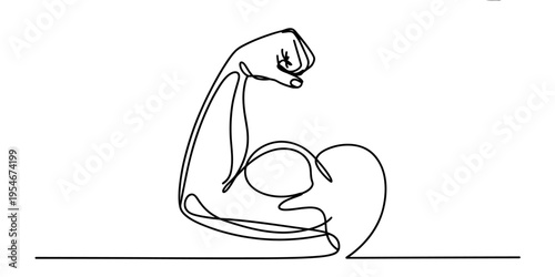 Continuous line drawing of a muscular arm flexing its bicep combined with a heart shape.
