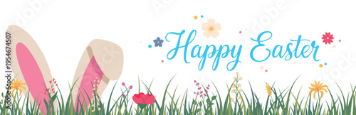 Horizontal banner with a rabbit's ears in fresh green grass and text Happy Easter. Spring floral card. Vector illustration isolated on a white background