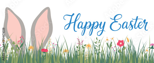 Horizontal seamless banner with a rabbit's ears in grass and text Happy Easter. Spring floral backdrop. Vector illustration isolated on a white background
