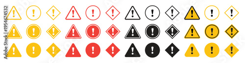 Warning Alert Triangle Sign Set with Yellow Caution Icons and Danger Exclamation Symbols