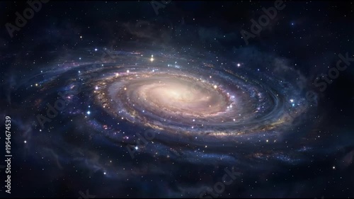 Milky Way galaxy stretches across deep space with dense star clusters and colorful nebula clouds forming a calm ethereal cosmic background in seamless motion