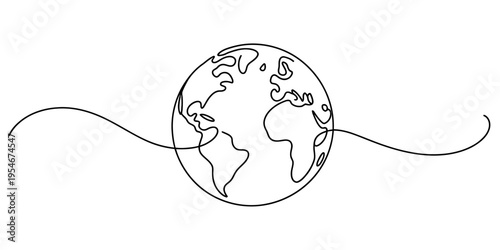 Continuous line drawing of the planet earth globe with continents on a white background
