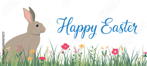 Horizontal banner decorated with a rabbit sitting in a blooming flowers and grass and text Happy Easter. Spring floral backdrop. Vector illustration isolated on a white background
