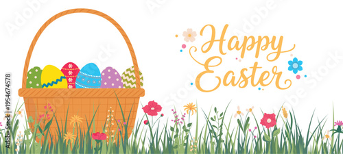 Horizontal banner with basket with a decorated Easter eggs and text Happy Easter. Spring floral backdrop. Vector illustration isolated on a white background