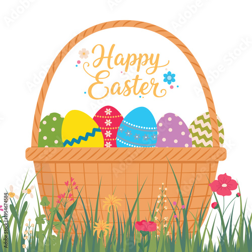 Greeting card with basket with a decorated Easter eggs in fresh grass and text Happy Easter. Vector illustration isolated on a white background
