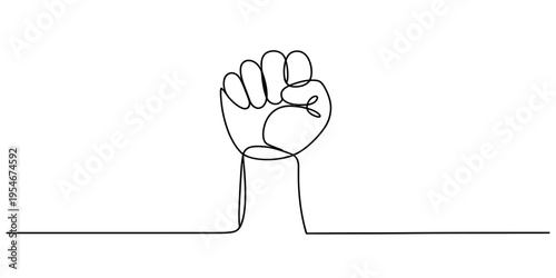 Continuous one line drawing of a raised clenched fist symbol of strength and protest