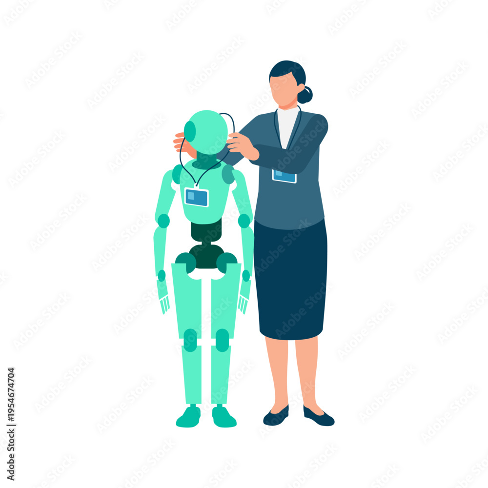 Fototapeta premium Businesswoman working with a virtual assistant AI robot as a team member for organizational development and modern workforce integration in a professional creative corporate culture