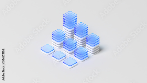 Abstract column chart. Solid and translucent. White and blue color. Glassmorphism. Copy space. Graph. 3d illustration.