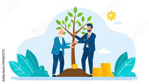 Generational financial growth concept with old man and young man caring for money tree, investment success and family economy, flat vector illustration