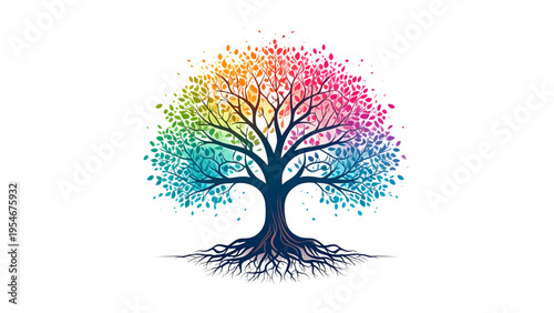 Tree of life with colorful leaves and roots, symbolic flat vector illustration of growth, nature, and harmony