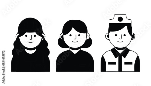 Three cartoon style people illustrations